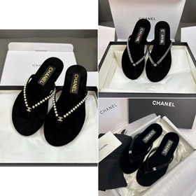 Chanel Strass und Perle verschönert Samt flache String Sandalen-5697  