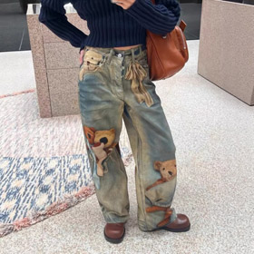 Acne Studios 1981 Teddy Bear 3D-Druck Wide-Leg Jeans-5928  