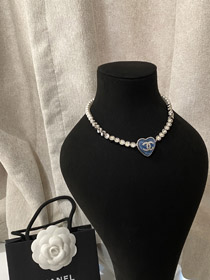 Chanel blaues Herz Perle Strass Halskette-3594