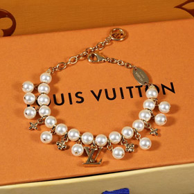 Louis Vuitton LV Gold Metall feine Kette Perle Buchstaben Blume Anhänger Armband-3655