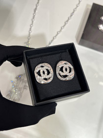 Celine Silber voll Diamant doppelt C hohle quadratische Ohrringe-3901